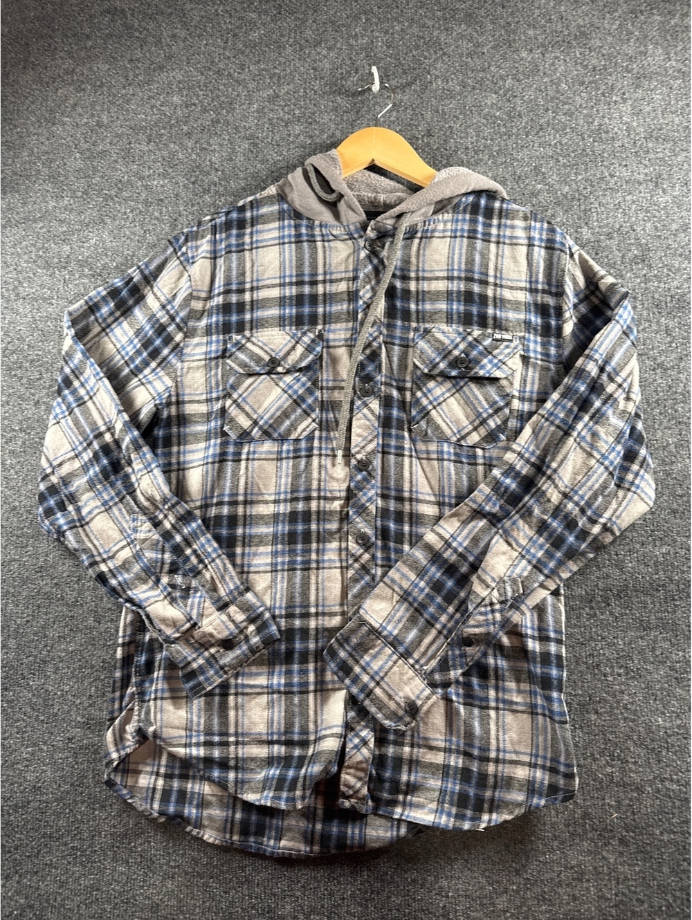 Zoo York Mens M Hooded Flannel Shirt Jacket Blue Gray Plaid Button Up Hoodie